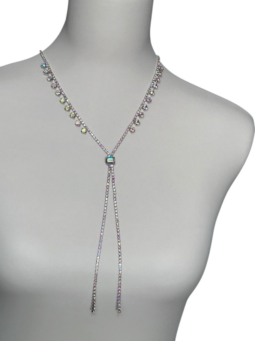 paparazzi Silver-Toned Lariat Necklace AB iridescent rhinestones - Picture 1 of 5